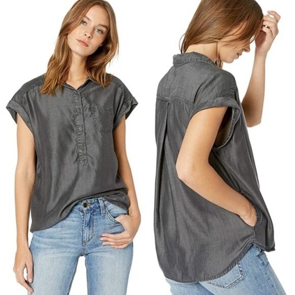 PrAna Gray Chambray Azul Cap Sleeve 1/2 Button Blouse Women's Size Small - Picture 2 of 10